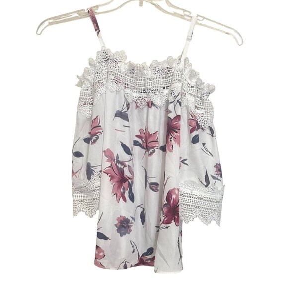 NWT By & By Floral Print Cami Blouse SZ Small Lace Trim White Pink Navy - Picture 3 of 11